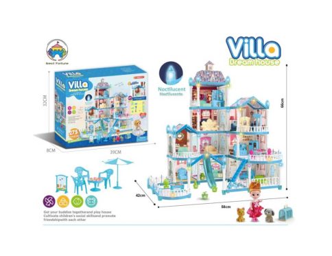 Villa Dream House DIY Dollhouse Playset – 11 Rooms, 275 Pcs, Noctulicent Lights, Includes Furniture & Accessories (58x42x66cm)