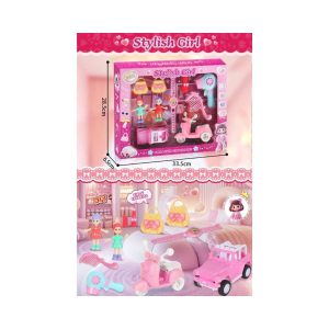 Stylish Girl Travel Boutique Playset - Pink Toy Scooter, Jeep, Dolls and Beauty Salon Accessories