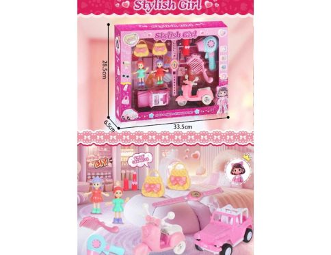 Stylish Girl Travel Boutique Playset – Pink Toy Scooter, Jeep, Dolls and Beauty Salon Accessories