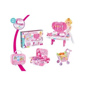 Princess 4-in-1 Rolling Suitcase Toy Set - Convertible Mini Kitchen, Beauty Vanity & Shopping Cart Playset with Lights & Music
