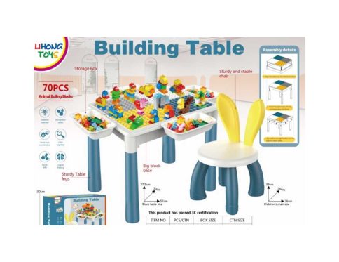 200+ PCS 2-in-1 Educational Building Block Table with Storage Bins and Bunny Chair – Creative Play Station for Kids