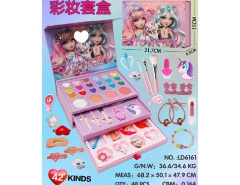 All-in-One Princess Makeup Kit for Girls – 42-Piece Washable Cosmetic Set with Jewelry, Hair Accessories, and Vanity Case